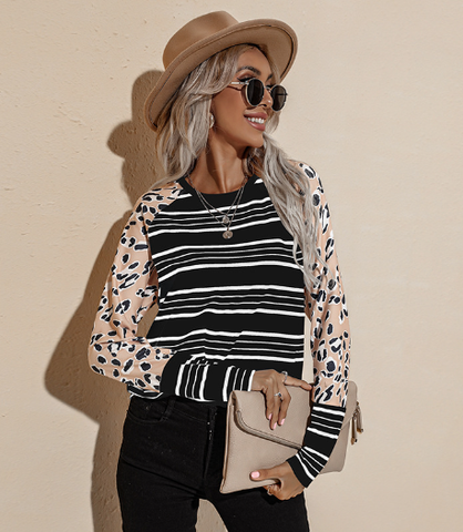 long-sleeved striped T-shirt women's round neck loose blouse