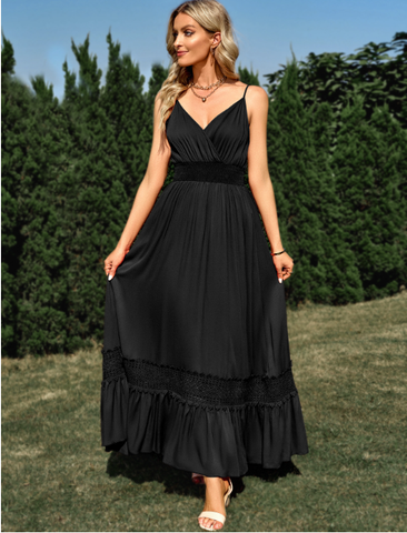 Leisure solid color waist V-neck suspender dress