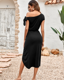 casual knitted dress with oblique neck and waist split