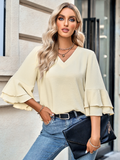 solid color loose V-neck lotus leaf sleeve top