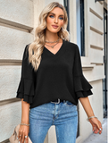 solid color loose V-neck lotus leaf sleeve top