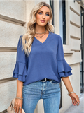 solid color loose V-neck lotus leaf sleeve top