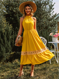 Solid color sleeveless neck lace dress