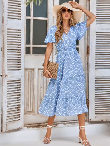 2023V v-neck lotus leaf sleeve printed dress