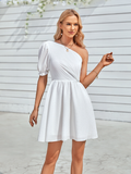 fashion one-shoulder solid color waist dress