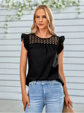 round neck slim lace lotus leaf sleeve top