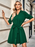 solid color lapel five-point sleeve belt dress