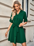 solid color lapel five-point sleeve belt dress