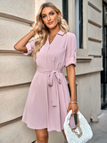 solid color lapel five-point sleeve belt dress