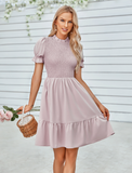 Slim-fit short-sleeved dress with stand-up collar and waist