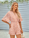 Fashion V-neck printed short ladies jumpsuit