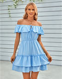 casual off-the-shoulder ruffled solid color dress