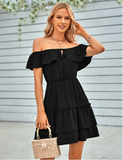 casual off-the-shoulder ruffled solid color dress