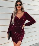 sexy hip fashion V-neck velvet dress