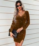 sexy hip fashion V-neck velvet dress