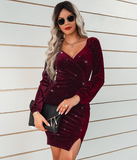 sexy hip fashion V-neck velvet dress