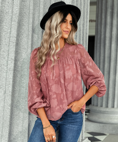 Jacquard Crewneck Loose Chiffon Shirt