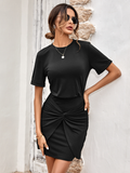 Solid color round neck knit slim hip dress