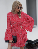 high waist lotus leaf red floral dress