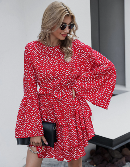 high waist lotus leaf red floral dress