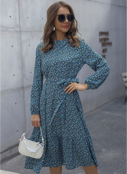casual half-high-necked waist floral dress