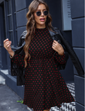 red polka-dot dark stripe waist-shrinking bubble sleeve dress