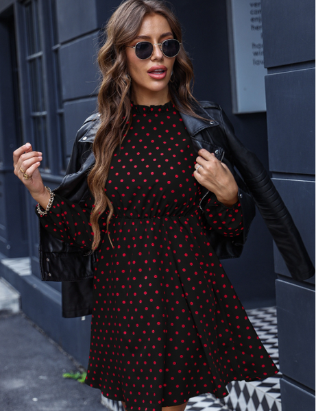 red polka-dot dark stripe waist-shrinking bubble sleeve dress