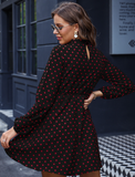 red polka-dot dark stripe waist-shrinking bubble sleeve dress