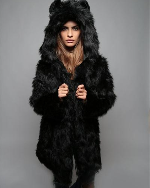 Women Lapels Loose Bat Fur Coat Faux Rabbit Fur