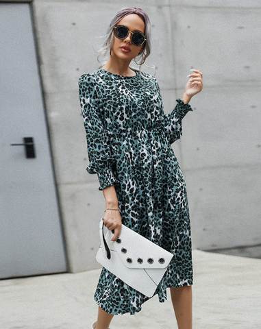 Leopard print high waist long sleeve split dress