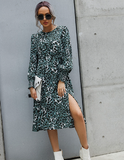 Leopard print high waist long sleeve split dress
