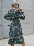 Leopard print high waist long sleeve split dress
