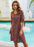 double-breasted V-neck short-sleeved printed ruffled dress