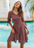 double-breasted V-neck short-sleeved printed ruffled dress