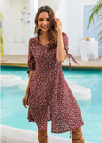 double-breasted V-neck short-sleeved printed ruffled dress
