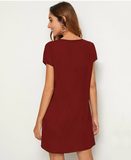 Solid color deep V-neck short sleeve loose A-line dress female