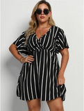 Large size loose V-neck striped dress