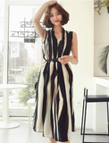 Striped color matching V-neck casual long skirt dress