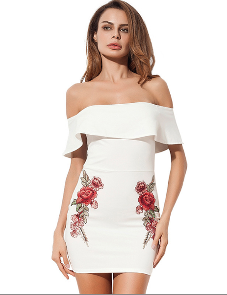Trendy Floral Patched Ruffled Off The Shoulder Dress