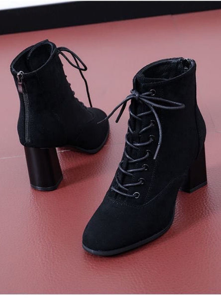Trendy Chunky Heel Lace Up Ankle Boots