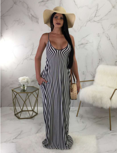 Loose long striped women's dress with suspenders