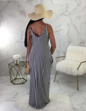 Loose long striped women's dress with suspenders