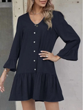 V-neck button pleated flared sleeve cotton and linen dress