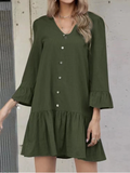 V-neck button pleated flared sleeve cotton and linen dress