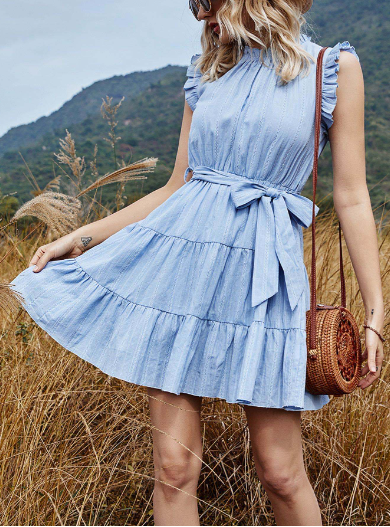 Pretty Off The Shoulder Striped Belted Dress