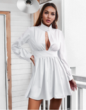high-necked long-sleeved pleated dress