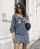 word-neck bow ruffled floral dress