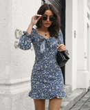 word-neck bow ruffled floral dress
