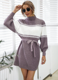 Knitted semi-turtleneck lantern sleeve color matching sweater skirt