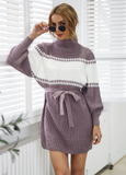 Knitted semi-turtleneck lantern sleeve color matching sweater skirt